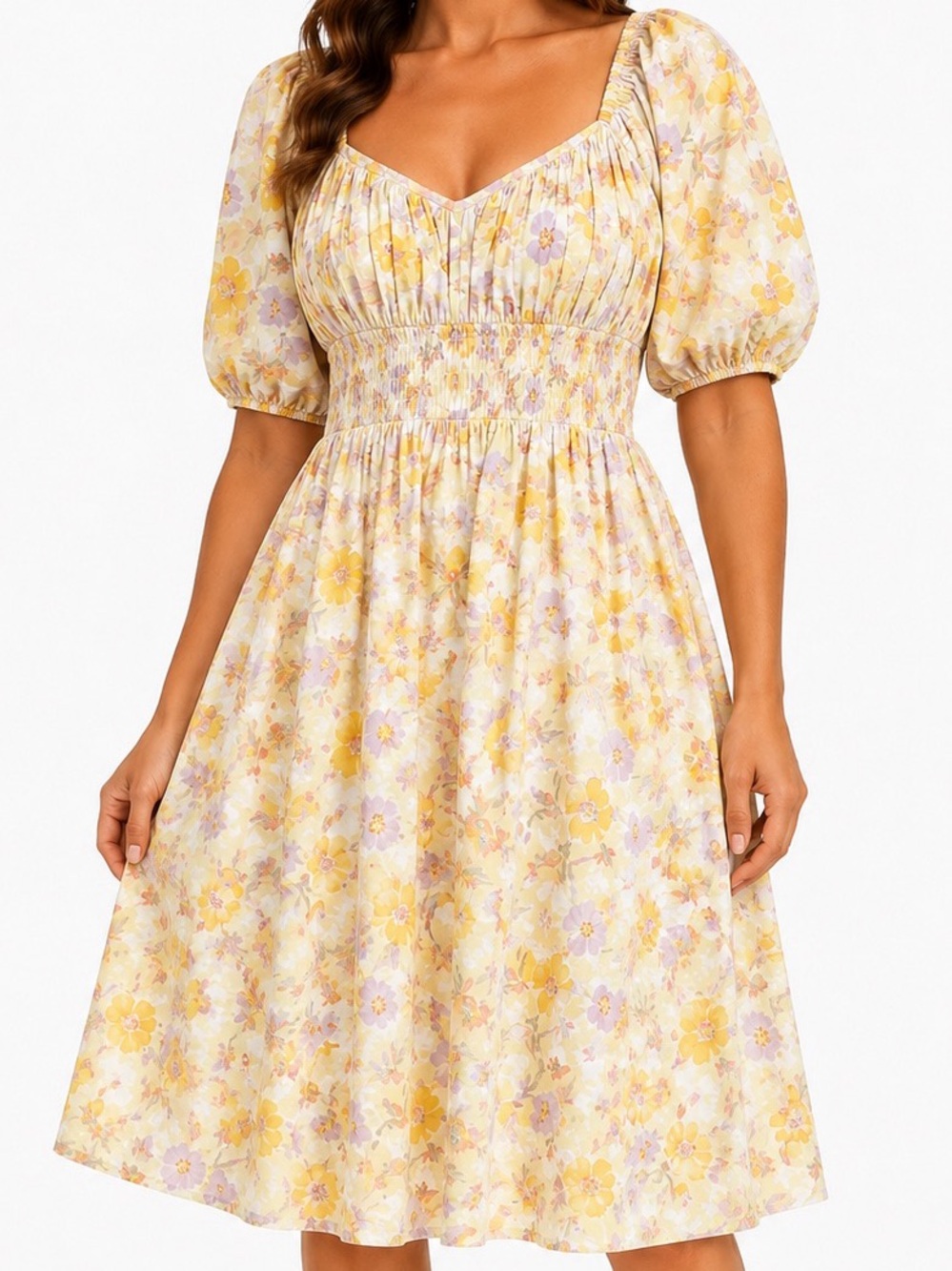 GAP Puff-Sleeve Floral Midi Dress L - Yellow